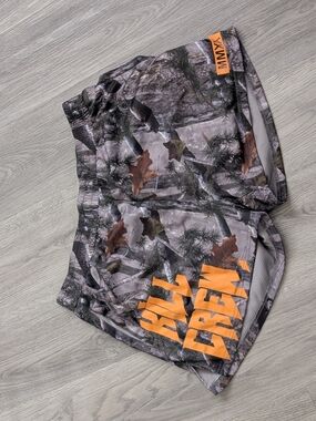 Kill Crew Woodland Camo Shorts with Orange-Red Accents